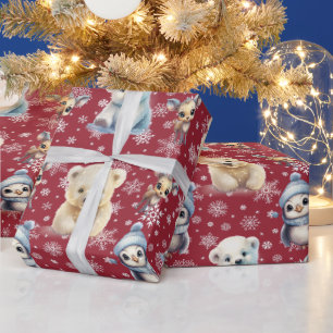 Cute Bears And Penguins Christmas Wrapping Paper