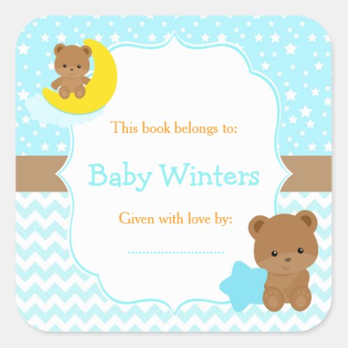Cute Bears Boy with Star Baby Shower Bookplate