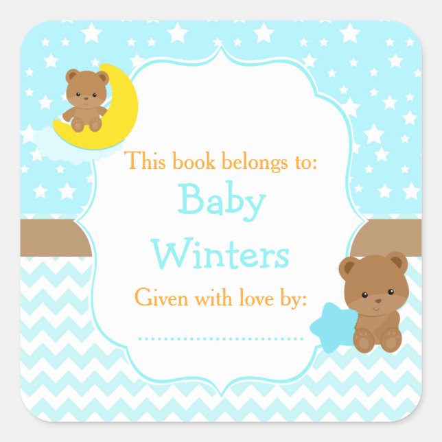 Cute Bears Boy with Star Baby Shower Bookplate (Front)