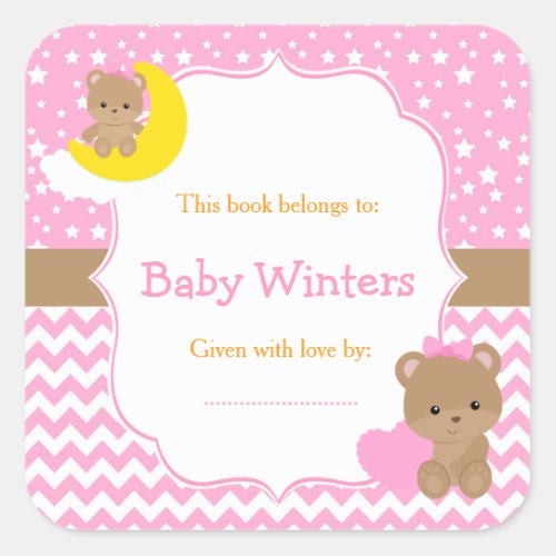 Cute Bears Girl with Star Baby Shower Bookplate