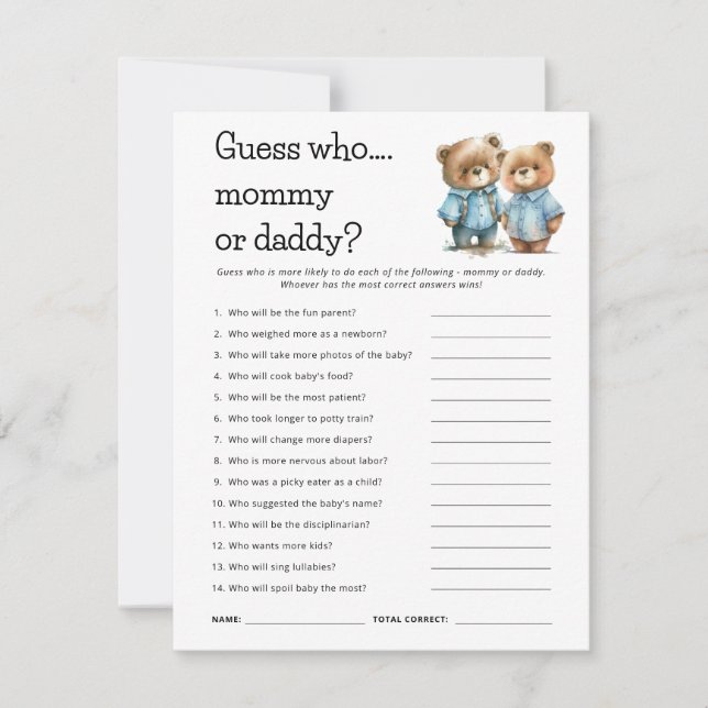 Cute Bears Guess Who Mom Dad Baby Shower Game Card (Front)