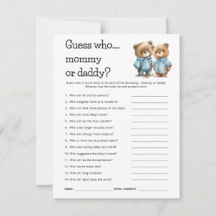 Cute Bears Guess Who Mom Dad Baby Shower Game Card