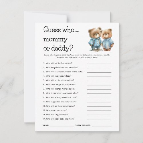 Cute Bears Guess Who Mom Dad Baby Shower Game Card