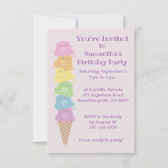 Cute Bears Ice Cream Cone Girls Birthday Party Invitation (Front)