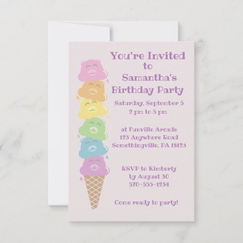 Cute Bears Ice Cream Cone Girls Birthday Party Invitation