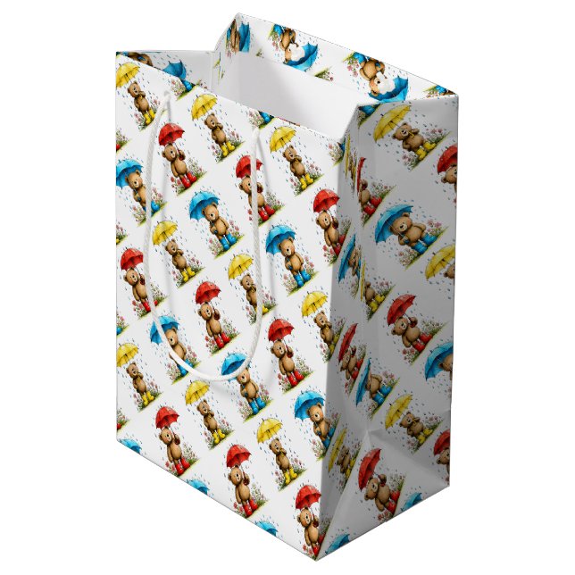 Cute Bears in Galoshes with Umbrellas Whimsical Medium Gift Bag (Back Angled)