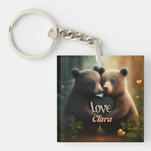 Cute bears in love hugging keychain (Front)