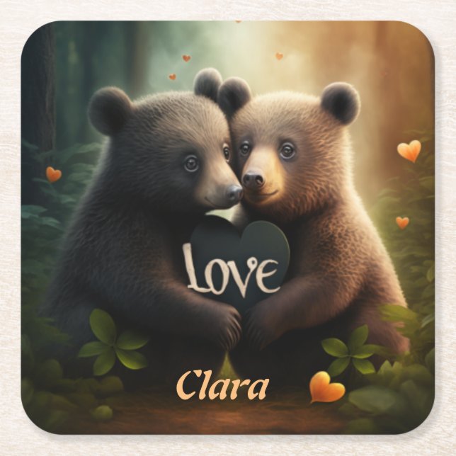 Cute bears in love hugging  square paper coaster (Front)