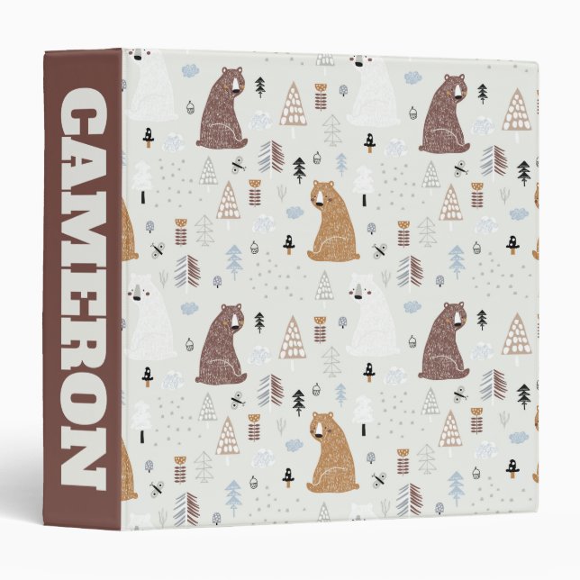 Cute Bears in the Woods Pattern 3 Ring Binder (Front/Spine)