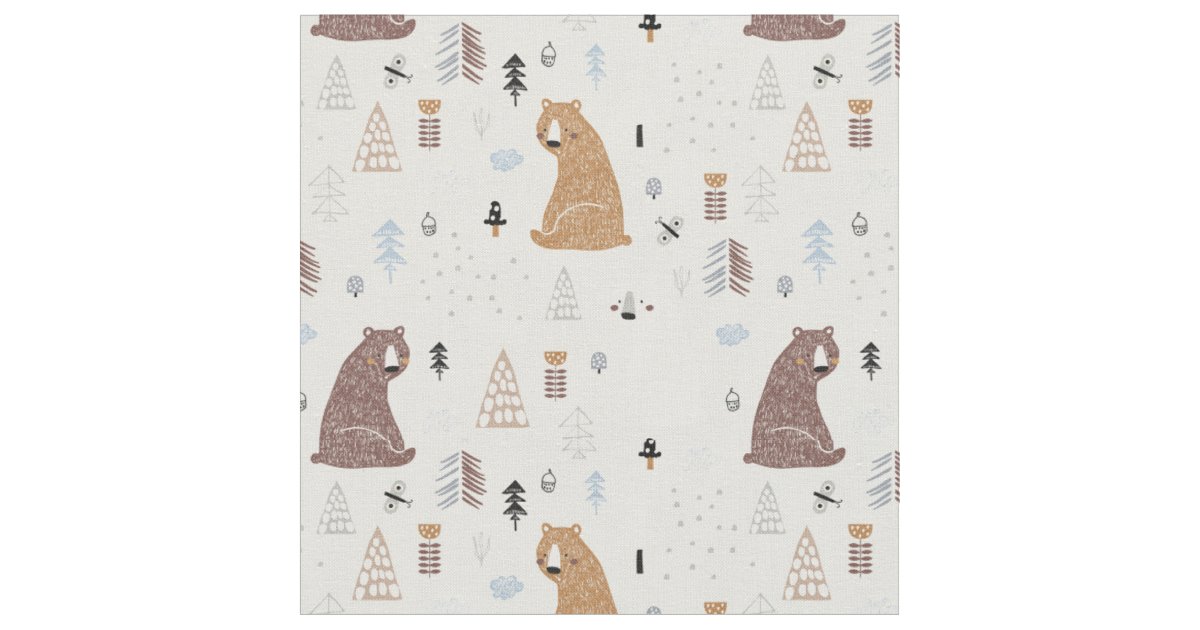 Cute Bears in the Woods Pattern Fabric | Zazzle
