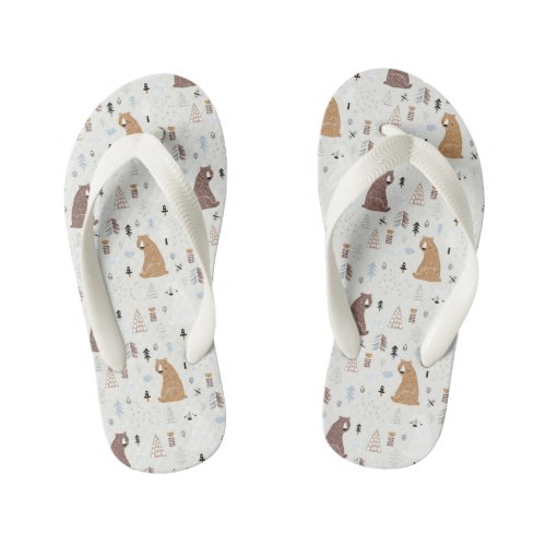 Cute Bears in the Woods Pattern Kids Flip Flops