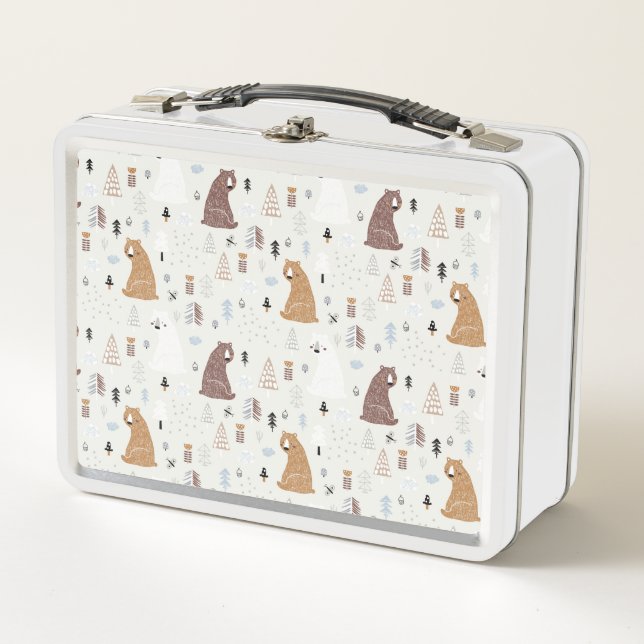 Cute Bears in the Woods Pattern Metal Lunch Box (Front)