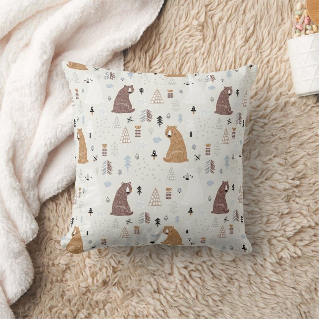 Cute Bears in the Woods Pattern Throw Pillow (Blanket)