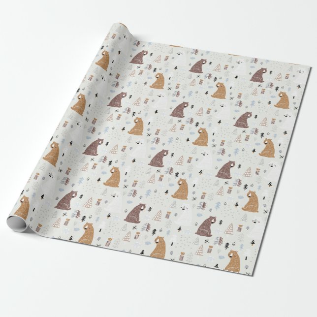 Cute Bears in the Woods Pattern Wrapping Paper (Unrolled)