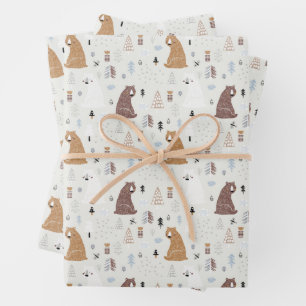 Cute Bears in the Woods Pattern Wrapping Paper Sheets
