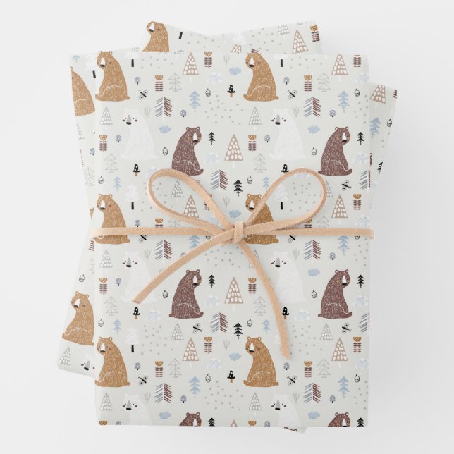 Cute Bears in the Woods Pattern Wrapping Paper Sheets (In situ)