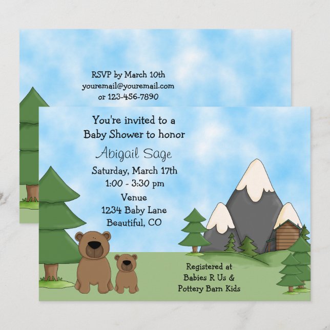 Cute Bears, Mountains and Cabin Baby Shower Invitation (Front/Back)