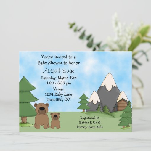 Cute Bears, Mountains and Cabin Baby Shower Invitation | Zazzle