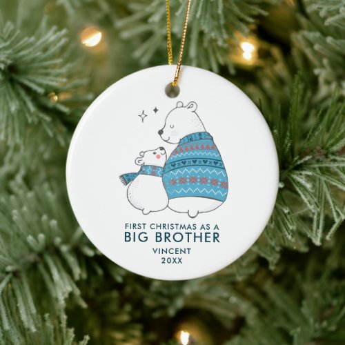 Cute Bears Personalized First Xmas as Big Brother Ceramic Ornament