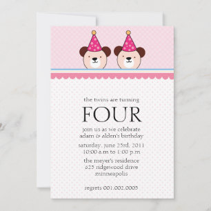 Cute bears - Pink twins birthday invitations