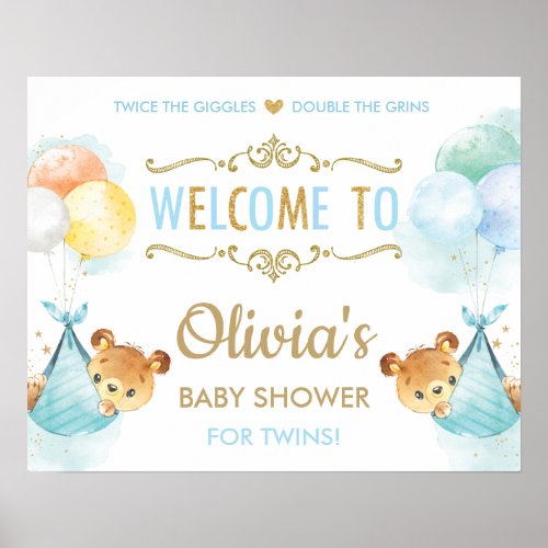 Cute Bears Twins Baby Boys Shower Welcome Sign