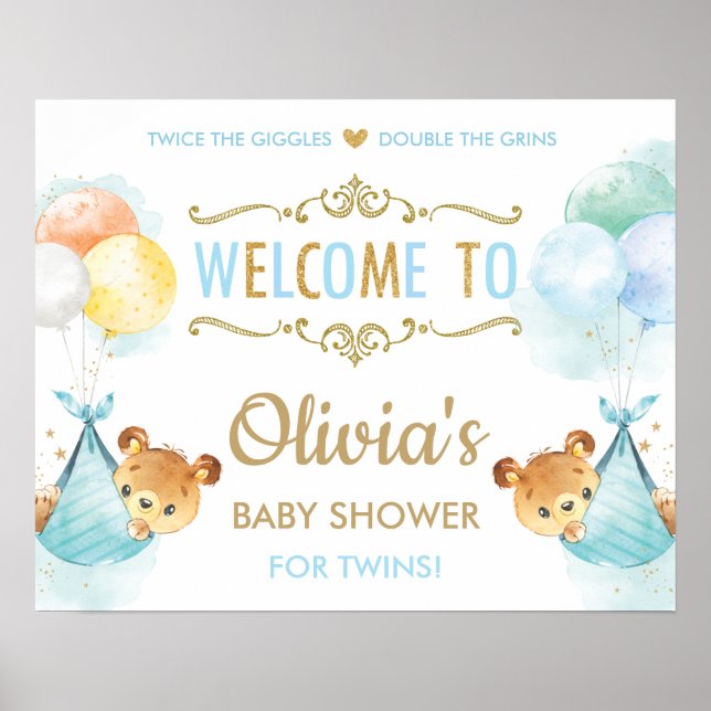 Cute Bears Twins Baby Boys Shower Welcome Sign (Front)