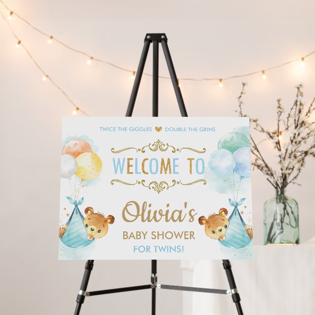 Cute Bears Twins Baby Boys Shower Welcome Sign (In Situ (Stand))