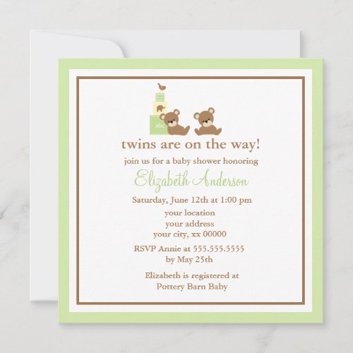 Green Bears Twins Baby Shower Personalized Announcement