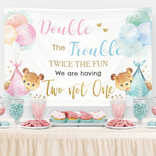 Cute Bears Twins Boy Girl Baby Shower Backdrop Banner