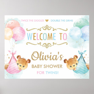 Cute Bears Twins Boy Girl Baby Shower Welcome Sign