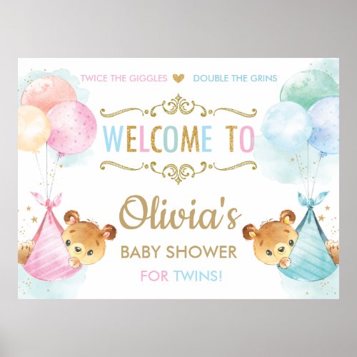 Cute Bears Twins Boy Girl Baby Shower Welcome Sign