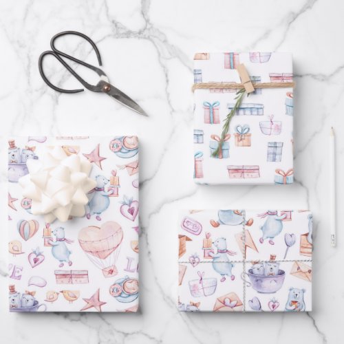 Cute Bears Whimsical Watercolor Pastel Wrapping Paper Sheets