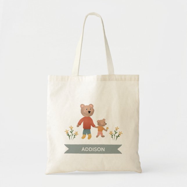Cute Bears with Flowers and Name Kids Tote Bag (Front)