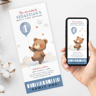 Cute Beary First Birthday Ticket Invitation
