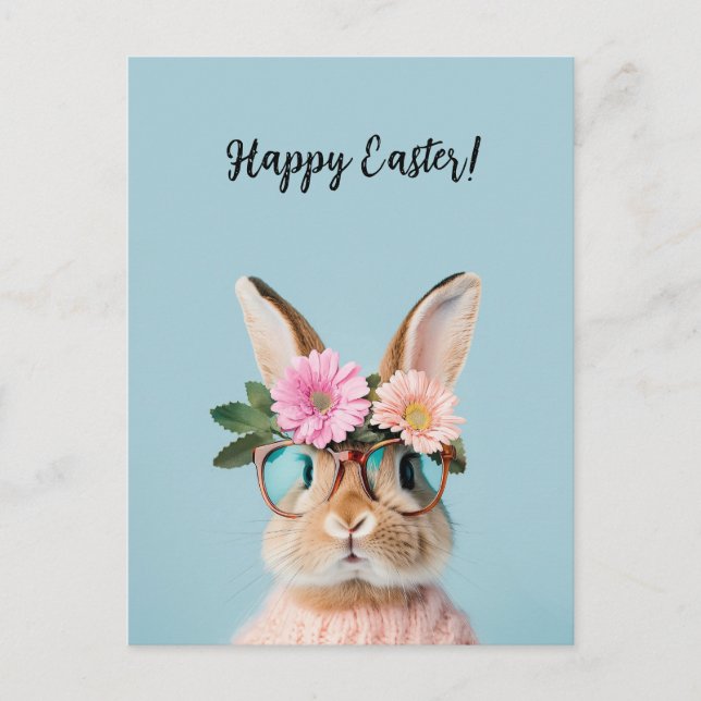 cute beautiful bunny with flowers and glasses  holiday postcard (Front)