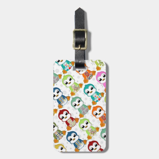 Cute beautiful colourful penguins flowers luggage tag (Front Vertical)