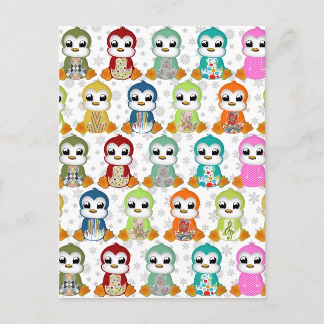 Cute beautiful colourful penguins flowers postcard (Front)