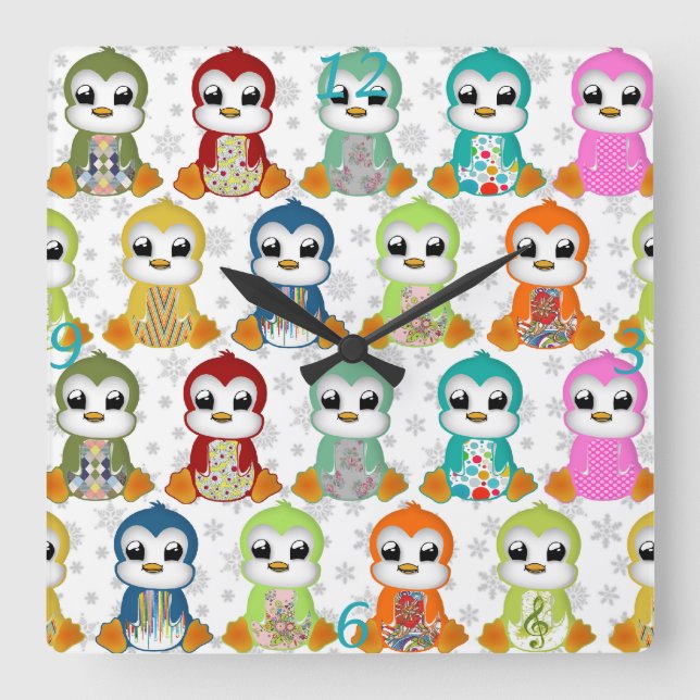 Cute beautiful colourful penguins flowers square wall clock (Front)