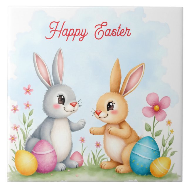 Cute Beautiful Easter Bunnies Modern Collection Ceramic Tile (Front)