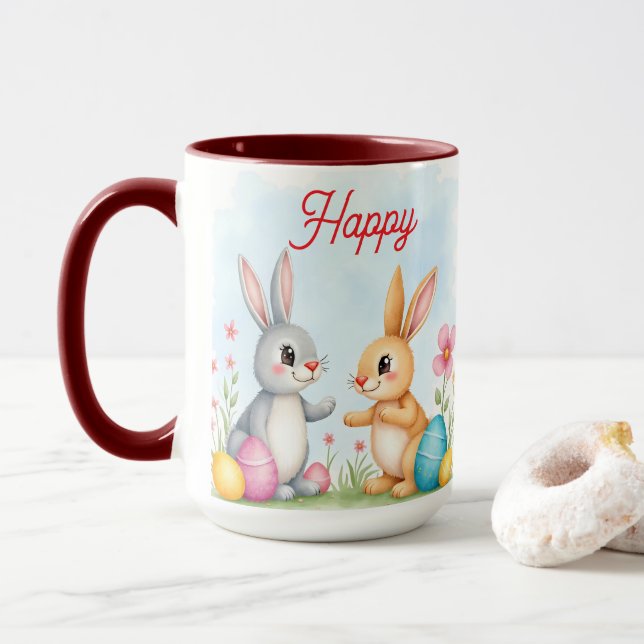 Cute Beautiful Easter Bunnies Modern Collection Mug (With Donut)