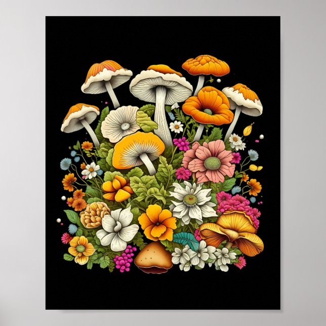 Cute Beautiful Flowers And Mushrooms Poster (Front)
