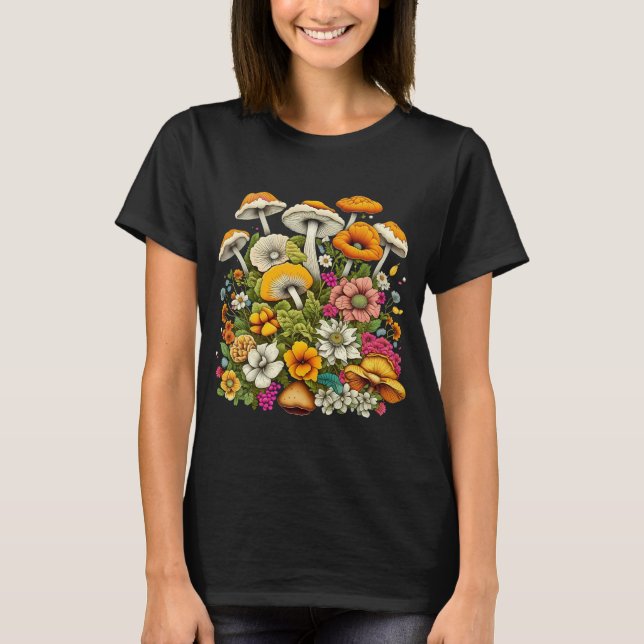 Cute Beautiful Flowers And Mushrooms T-Shirt (Front)