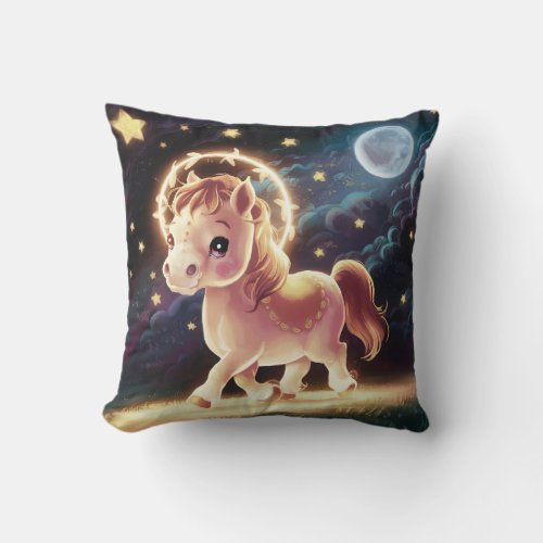 Cute Beautiful Glowing Horse under Full Moon Light Throw Pillow
