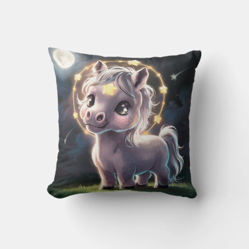 Cute Beautiful Horse Enjoys Full Moon Light Throw Pillow