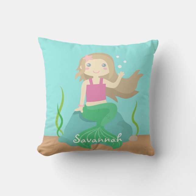 Cute Beautiful Mermaid Under the Sea Room Decor Throw Pillow (Front)