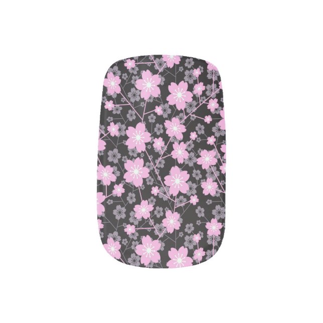 Cute Beautiful Pink Cherry Blossom on Black Minx Nail Art (Left Thumb)