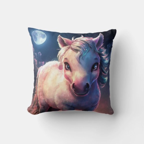 Cute Beautiful Pink Horse under Full Moon Light Throw Pillow
