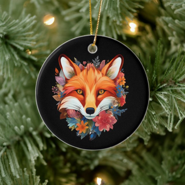 Cute Beautiful Watercolor Fox Flower Ceramic Ornament (Tree)