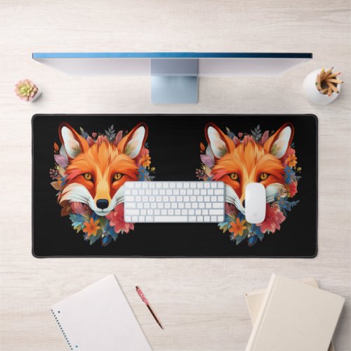 Cute Beautiful Watercolor Fox Flower Desk Mat