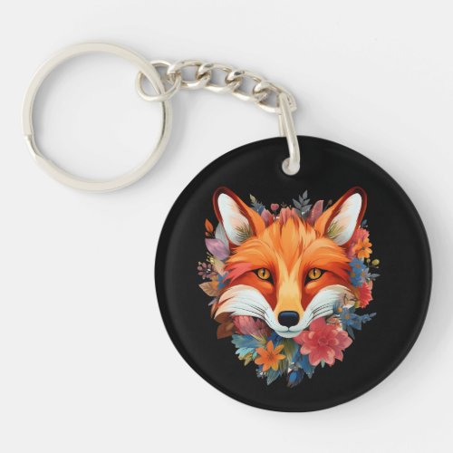 Cute Beautiful Watercolor Fox Flower Keychain